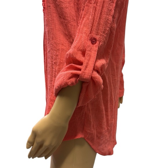 Spense Rayon Long Roll Tab Sleeve Button Up Ruffled Textured Tunic Blouse Medium - Picture 8 of 14